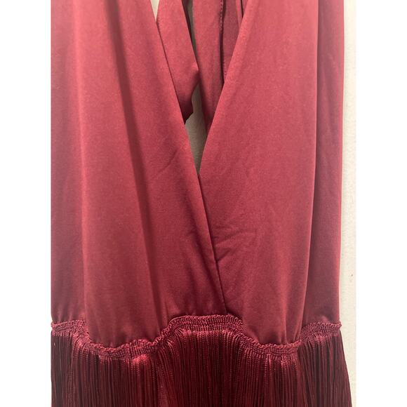 Deep V-Neck Cross Back Fringed Skirt Romper Jumpsuit Burgandy Size L - Picture 11 of 16